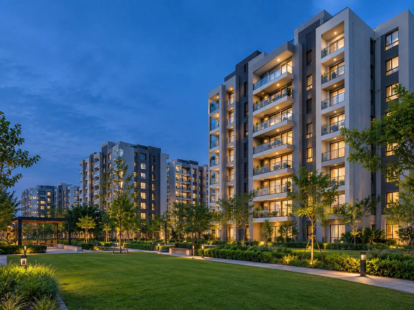 Modern residential project exterior at dusk