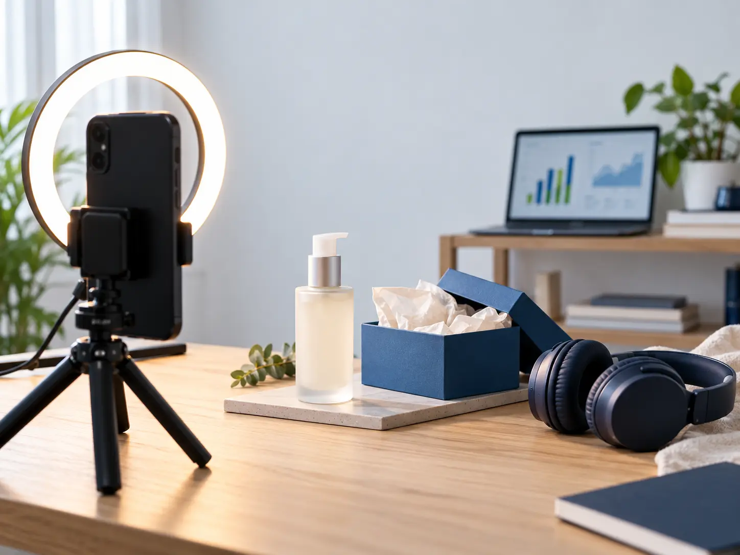 A phone on a tripod with a ring light, set up to film a product collaboration